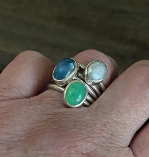 Gemstone Stacking Ring Set, Aquamarine Chrysoprase Keishi Pearl Stacking Rings in Sterling Silver, Handmade Colorful Cabochon Bezel Rings