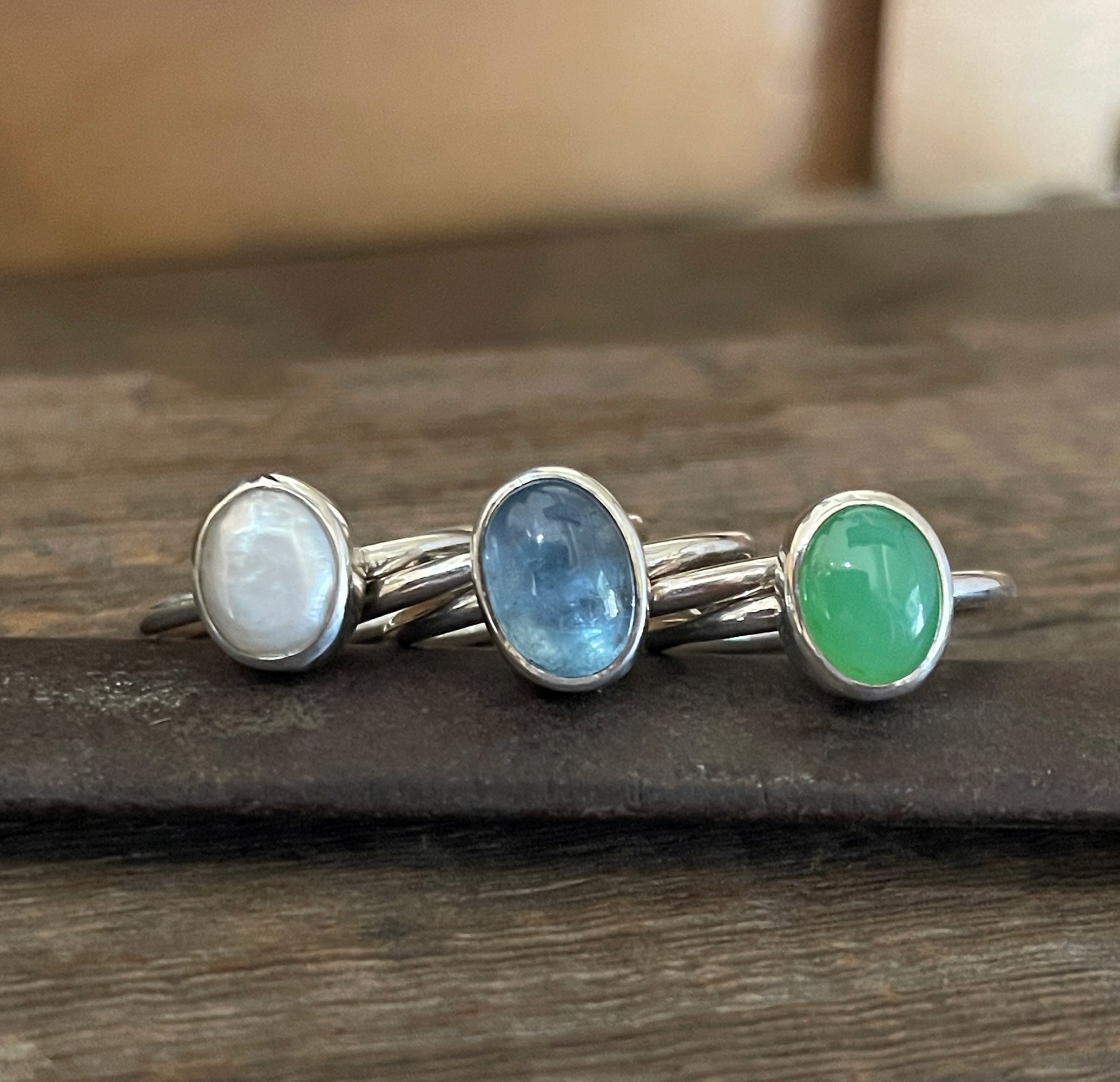 Gemstone Stacking Ring Set, Aquamarine Chrysoprase Keishi Pearl Stacking Rings in Sterling Silver, Handmade Colorful Cabochon Bezel Rings
