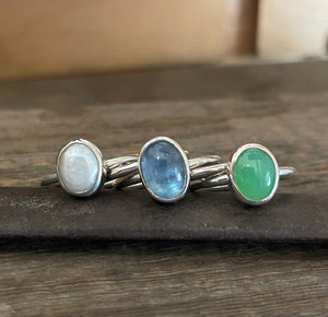 Gemstone Stacking Ring Set, Aquamarine Chrysoprase Keishi Pearl Stacking Rings in Sterling Silver, Handmade Colorful Cabochon Bezel Rings