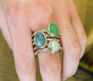 Gemstone Stacking Ring Set, Aquamarine Chrysoprase Keishi Pearl Stacking Rings in Sterling Silver, Handmade Colorful Cabochon Bezel Rings
