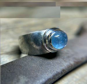 Aquamarine Ring with Wide Textured Band in 925 Sterling Silver, Cigar Band Ring, Handmade Gemstone Ring, Gift for Her, Wide Silver Ring