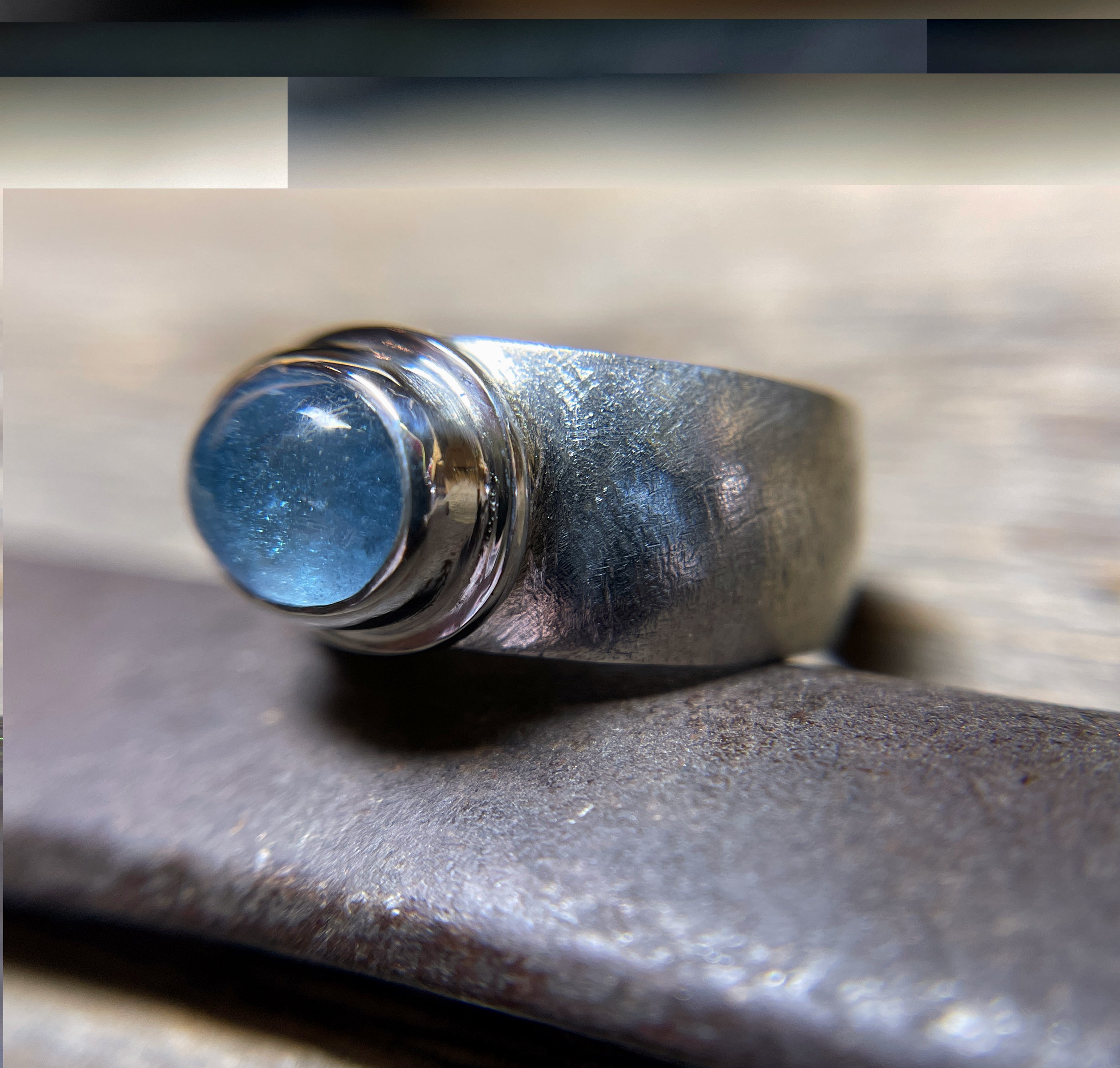 Aquamarine Ring with Wide Textured Band in 925 Sterling Silver, Cigar Band Ring, Handmade Gemstone Ring, Gift for Her, Wide Silver Ring