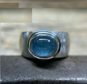 Aquamarine Ring with Wide Textured Band in 925 Sterling Silver, Cigar Band Ring, Handmade Gemstone Ring, Gift for Her, Wide Silver Ring