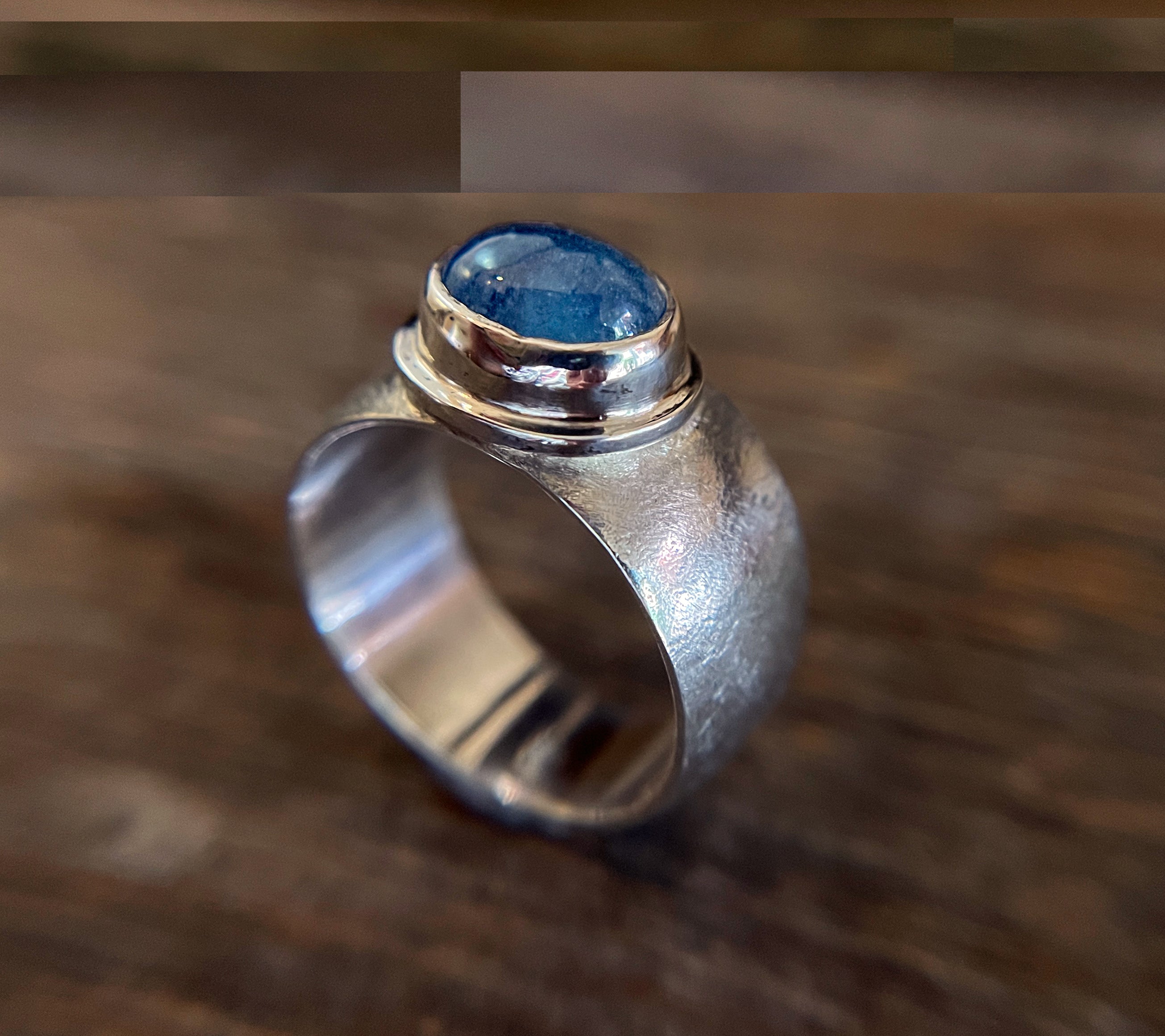 Aquamarine Ring with Wide Textured Band in 925 Sterling Silver, Cigar Band Ring, Handmade Gemstone Ring, Gift for Her, Wide Silver Ring