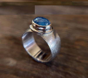 Aquamarine Ring with Wide Textured Band in 925 Sterling Silver, Cigar Band Ring, Handmade Gemstone Ring, Gift for Her, Wide Silver Ring