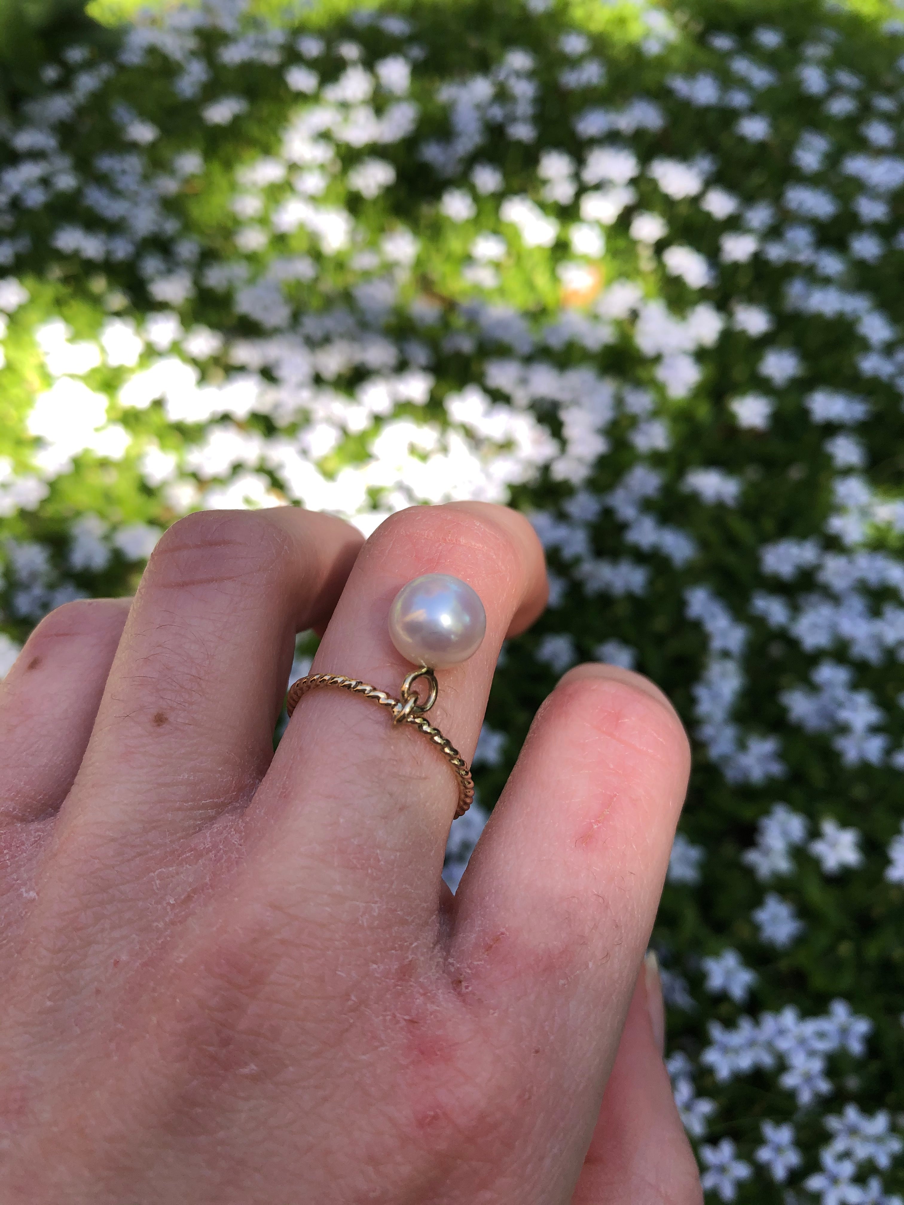 Pearl Ring with Twist Band, Pearl Dangle Ring, Sterling Silver, Pearl Solitaire