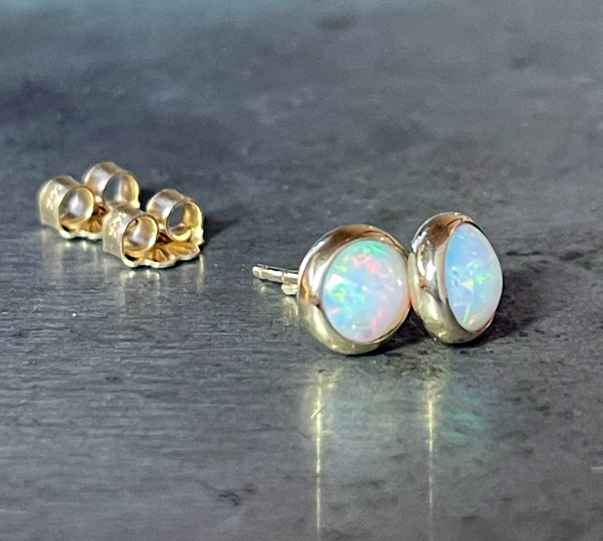 Large Ethiopian Opal Stud Earrings, 6mm, Opal Earrings, Solid 14k Gold Earrings, Gold Stud Earrings
