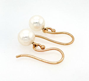 Pearl Drop Earrings, White Round Freshwater Cultured Pearl Earrings, Solid 14k Gold Pearl Earrings