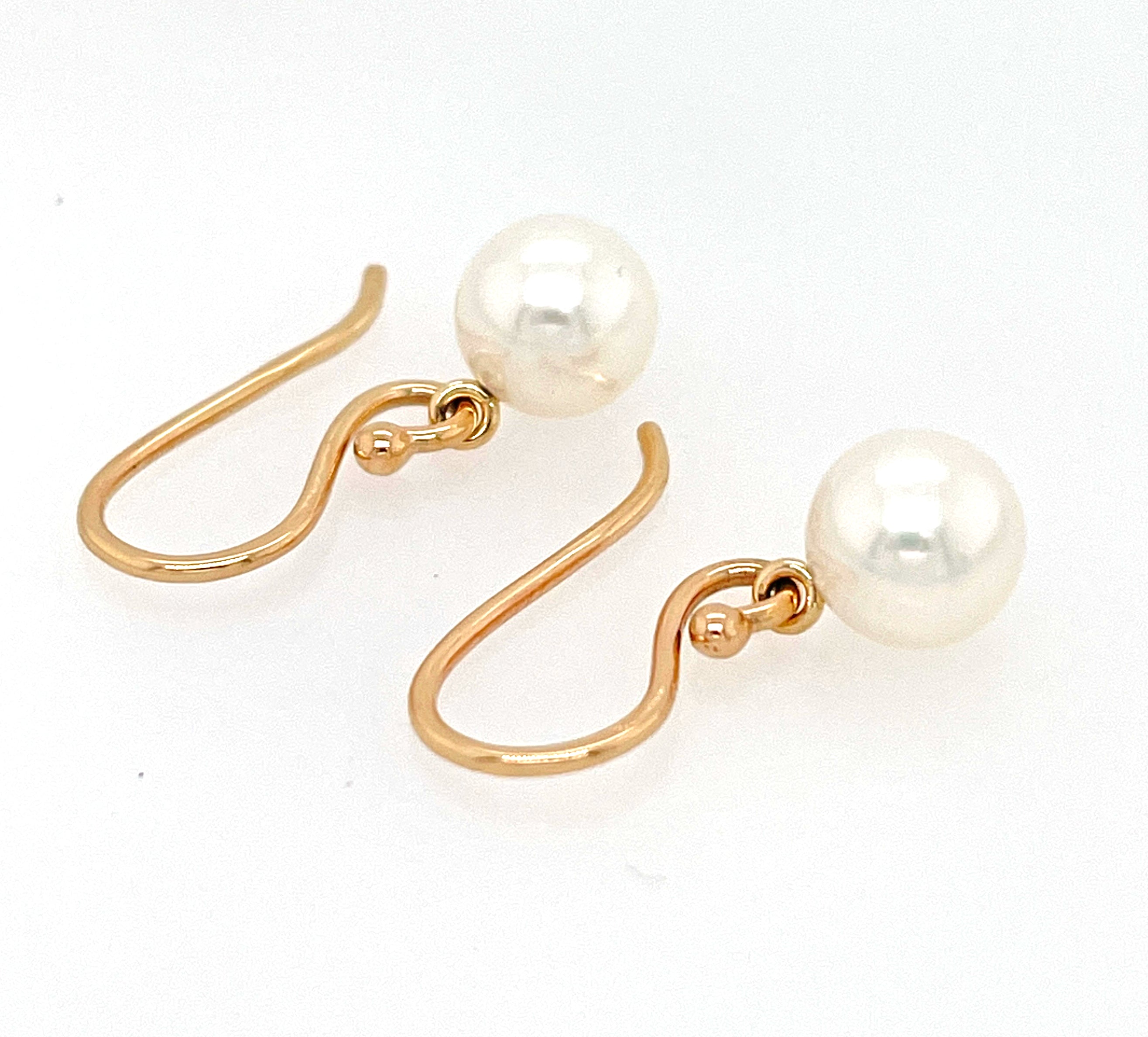 Pearl Drop Earrings, White Round Freshwater Cultured Pearl Earrings, Solid 14k Gold Pearl Earrings
