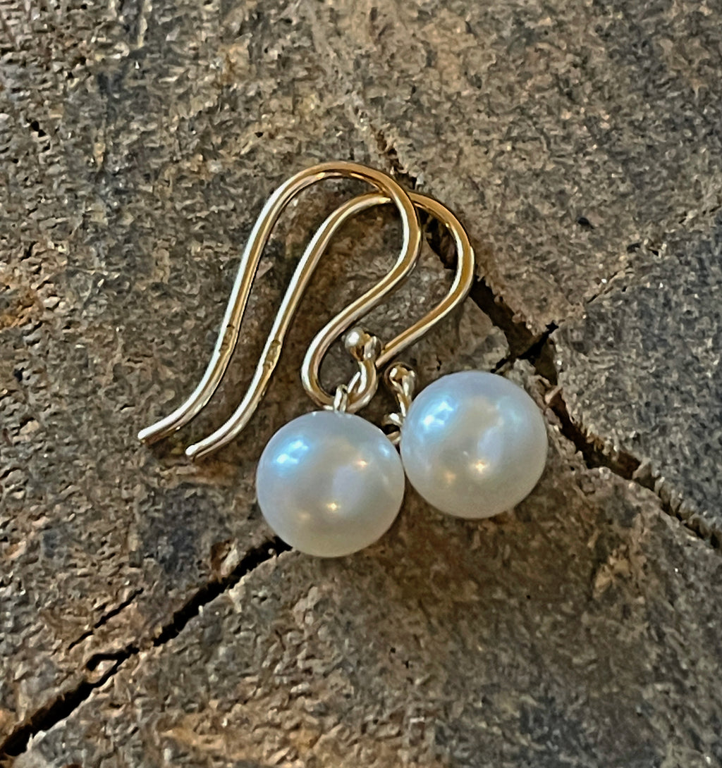 Pearl Drop Earrings, White Round Freshwater Cultured Pearl Earrings, Solid 14k Gold Pearl Earrings