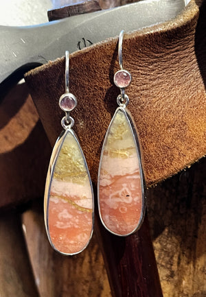 Indonesian Opalized Wood Drop Earrings in Sterling Silver with Kintsugi Repair and Strawberry Quartz, Pink Opal Earrings, Fossil Opal