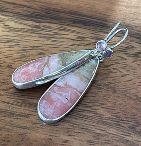 Indonesian Opalized Wood Drop Earrings in Sterling Silver with Kintsugi Repair and Strawberry Quartz, Pink Opal Earrings, Fossil Opal