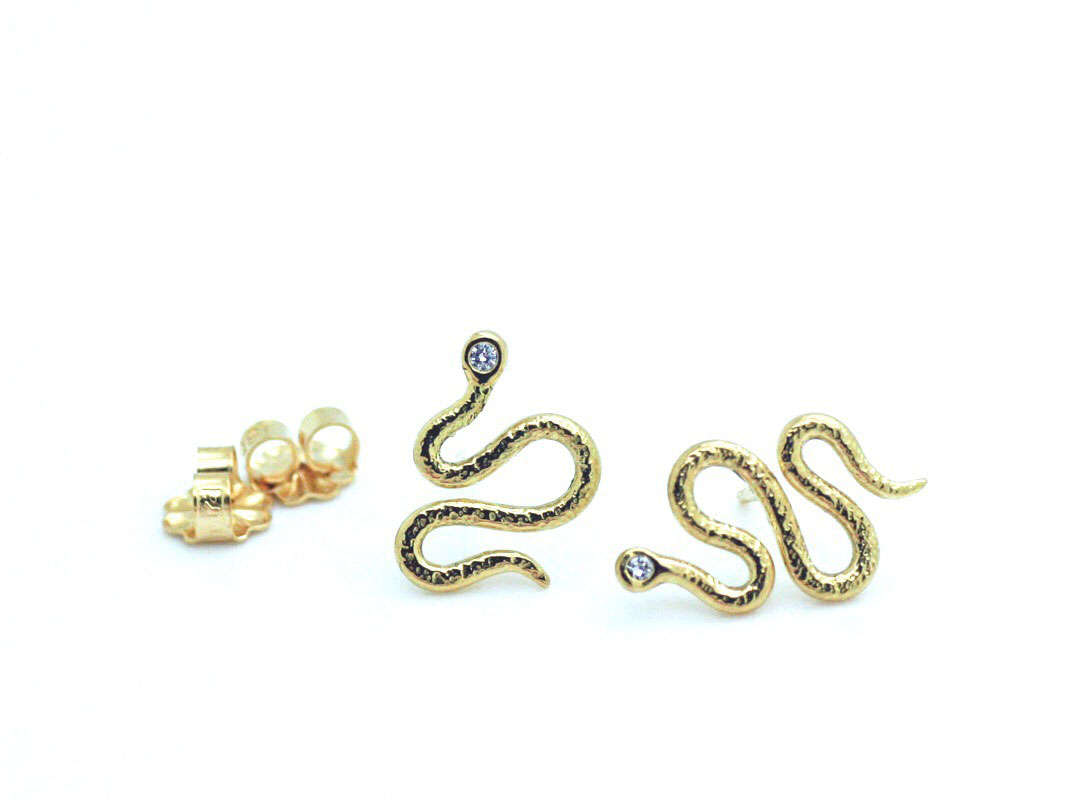 Snake Earrings, 18K Gold, Diamond Earrings, Gold Snake Earrings, Tiny Gold Studs