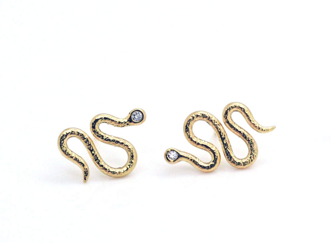 Snake Earrings, 18K Gold, Diamond Earrings, Gold Snake Earrings, Tiny Gold Studs