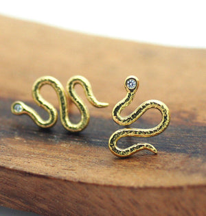 Snake Earrings, 18K Gold, Diamond Earrings, Gold Snake Earrings, Tiny Gold Studs