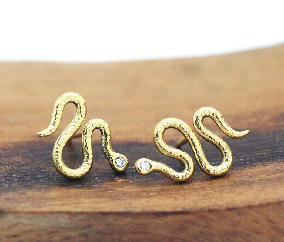 Snake Earrings, 18K Gold, Diamond Earrings, Gold Snake Earrings, Tiny Gold Studs