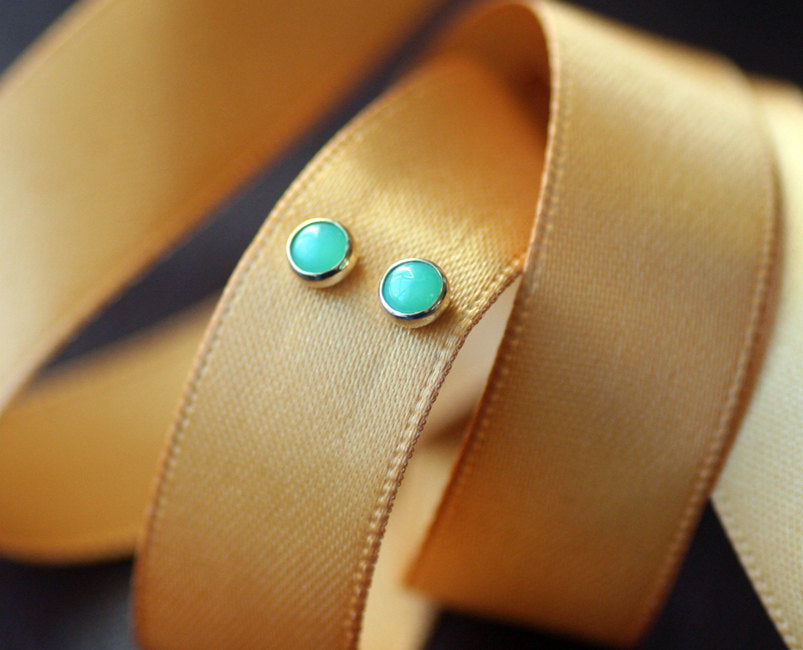 Chrysoprase Stud Earrings, 14k Gold Earrings, Gold Stud Earrings, Minimalist Earrings