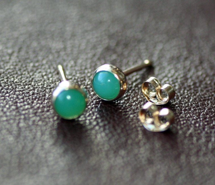 Chrysoprase Stud Earrings, 14k Gold Earrings, Gold Stud Earrings, Minimalist Earrings