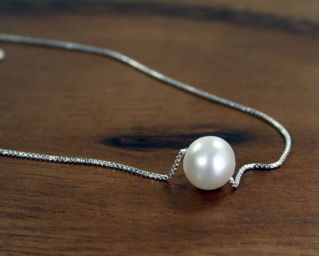 Floating Pearl Necklace, Sterling Silver Delicate Pearl Necklace, Single Pearl Choker