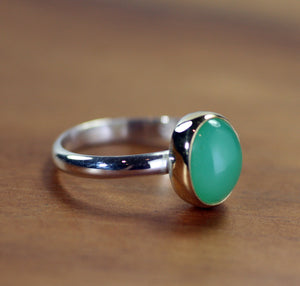 Chrysoprase Ring in 18k Gold and Sterling Silver, Apple Green Chrysoprase, Mixed Metal Stacking Ring, Green Gemstone Ring