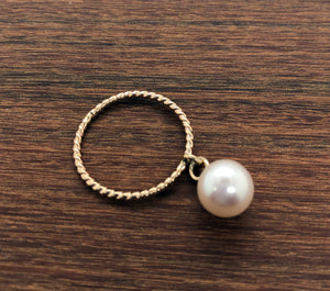 Pearl Ring in Solid 14k Gold with Twist Band, Pearl Dangle Ring, Pearl Solitaire, Solid Gold Ring