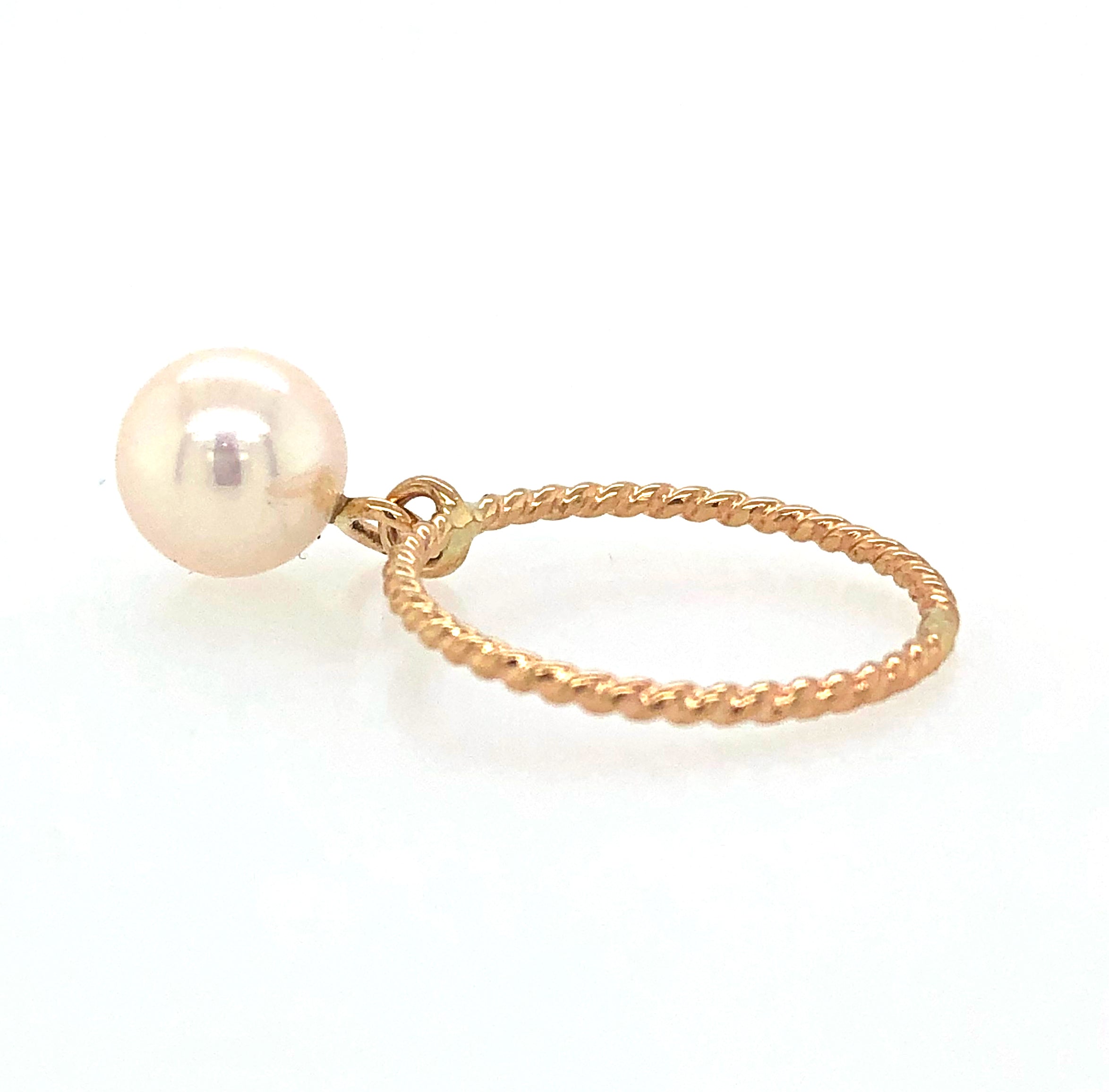 Pearl Ring in Solid 14k Gold with Twist Band, Pearl Dangle Ring, Pearl Solitaire, Solid Gold Ring