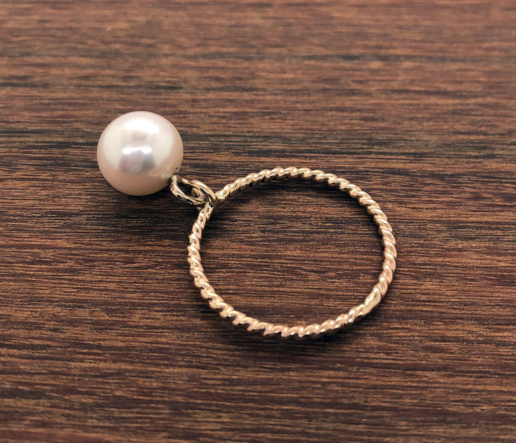 Pearl Ring in Solid 14k Gold with Twist Band, Pearl Dangle Ring, Pearl Solitaire, Solid Gold Ring