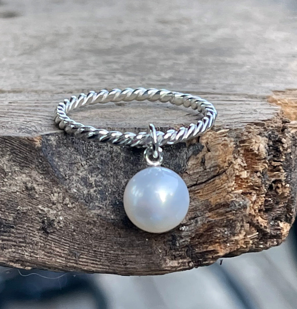 Pearl Ring with Twist Band, Pearl Dangle Ring, Sterling Silver, Pearl Solitaire