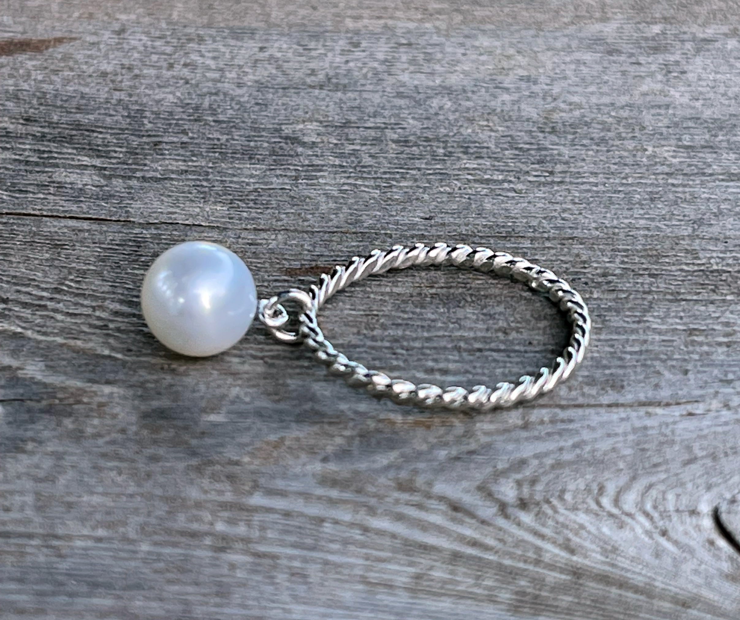 Pearl Ring with Twist Band, Pearl Dangle Ring, Sterling Silver, Pearl Solitaire