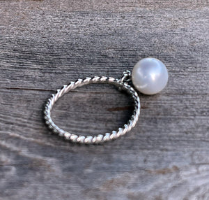 Pearl Ring with Twist Band, Pearl Dangle Ring, Sterling Silver, Pearl Solitaire