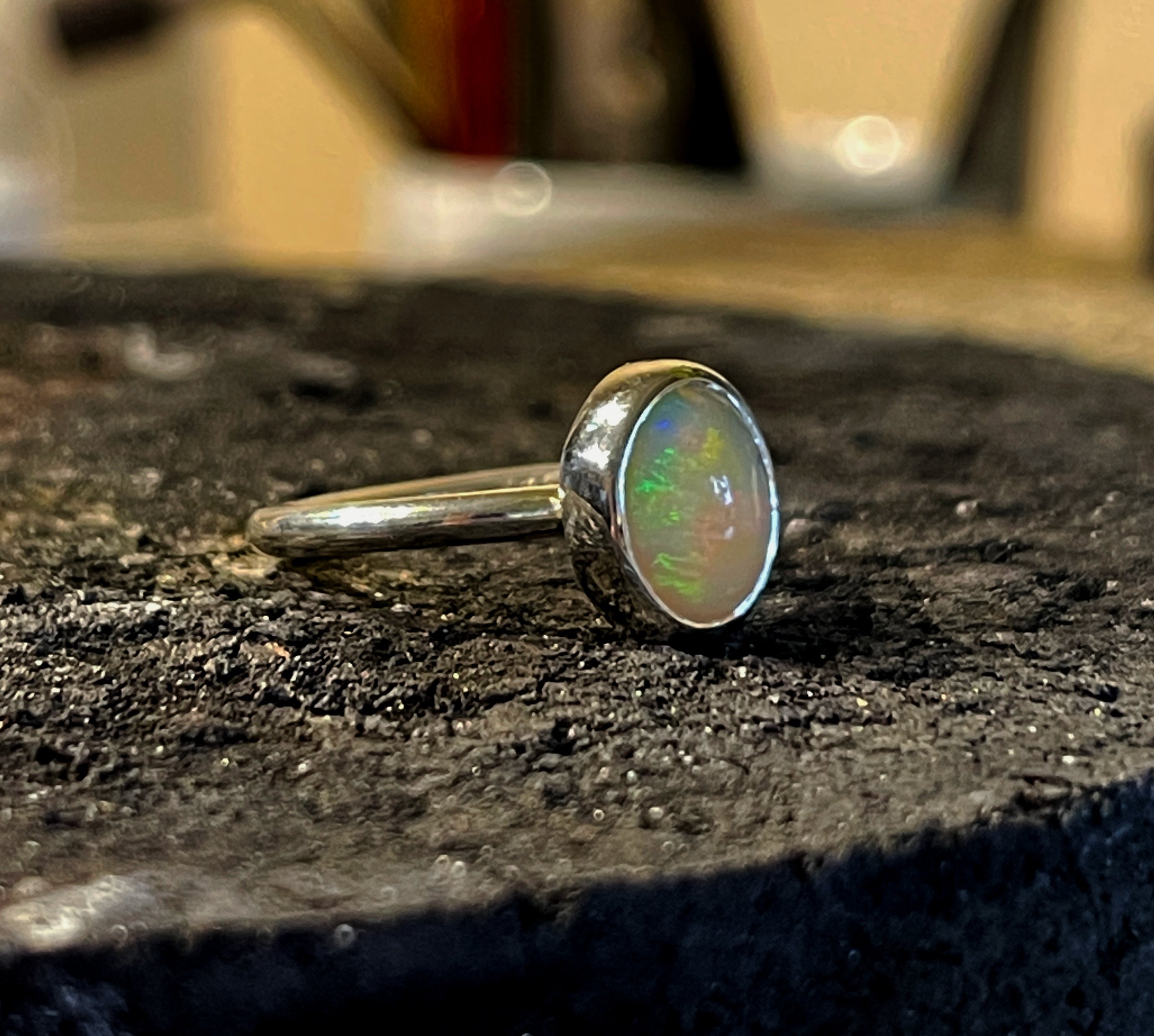 Opal Ring, Ethiopian Opal Bezel Set Ring in Sterling Silver, Opal Stacking Ring, Welo Opal